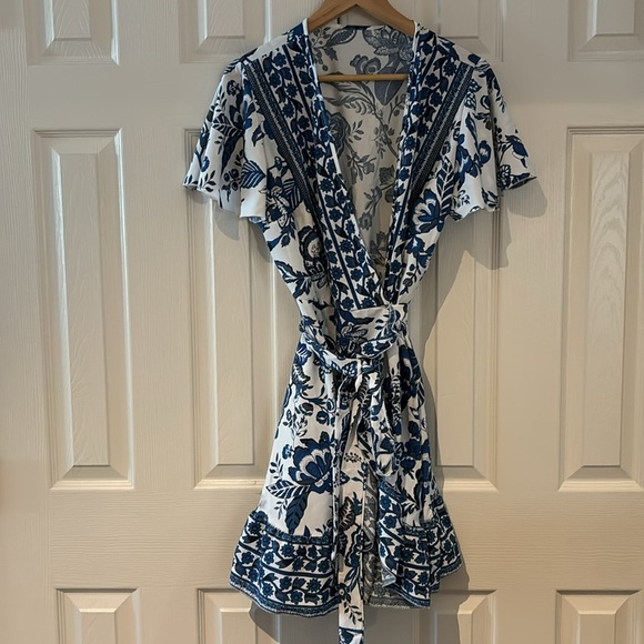 Boho Floral Print Short Sleeve Wrap V Neck Ruffle Hem A Line Dress - Picture 3 of 6